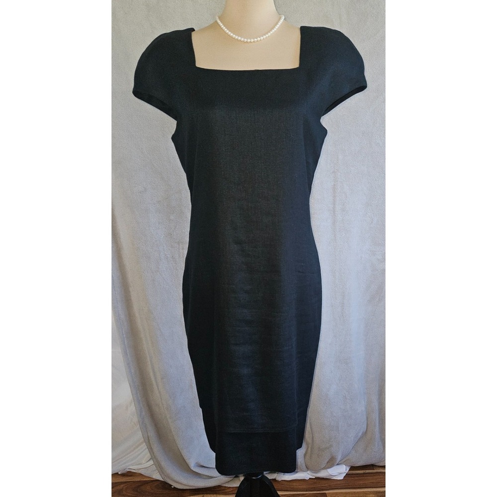 Vintage Rare St. Gillian Womens Black Linen Midi Dress Size 6 Square Neck Office